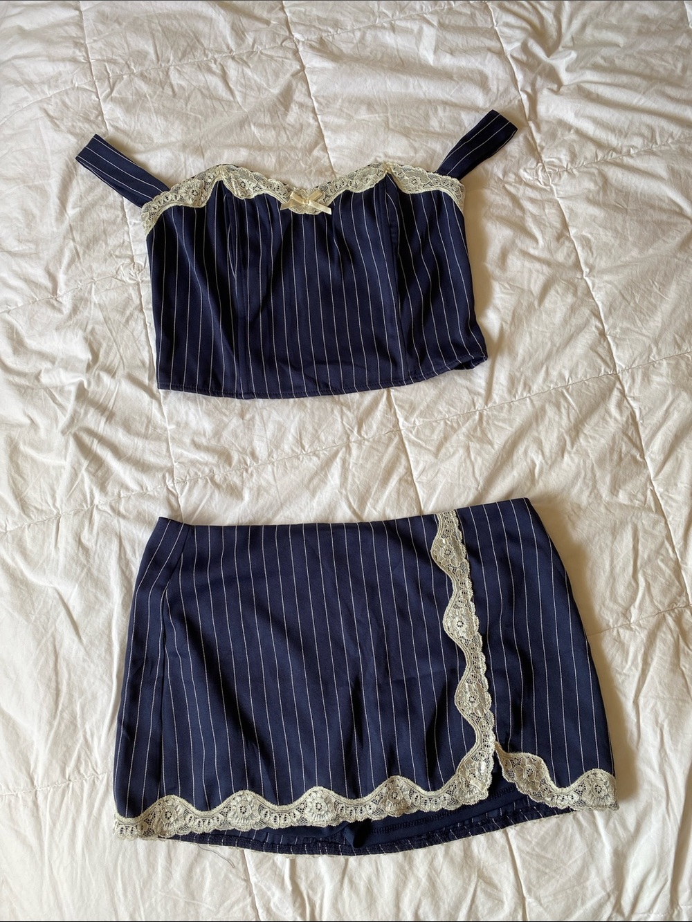 🍒 Cherry Mellow Navy Pinstripe Lace-Trim Mini Skirt and Off the Shoulder Top Set